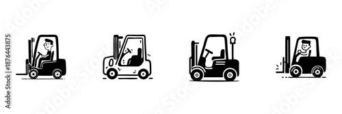 Forklift Truck Illustrations In Hand Drawn Style Set. Industrial Equipment, Warehouse Logistics, Material Handling Doodle Sketch Collection. Transportation And Safety. Isolated Vector Illustration