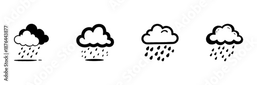 Cloud With Rain In Hand Drawn Style Set. Weather Forecast, Rainy Season, Climate Change Doodle Sketch Collection. Meteorology Symbols. Isolated Vector Illustration