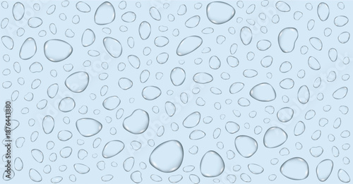 background pattern featuring many realistic transparent water drops and crystal clear liquid droplets scattered on a light blue gradient surface