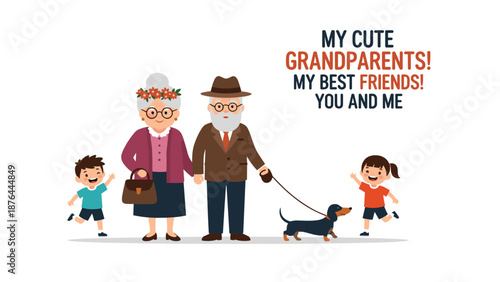 Heartwarming scene showing happy grandparents with their grandchildren and a pet dog for family best friends concept.