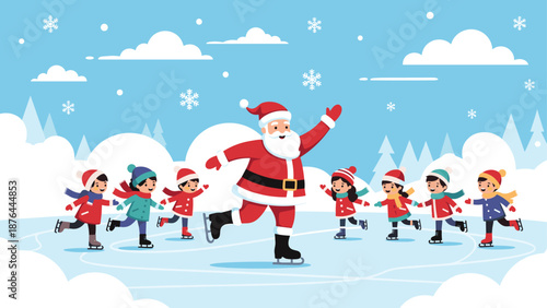 Jolly santa claus ice skating on a frozen pond with a group of happy children in a festive winter scene illustration.