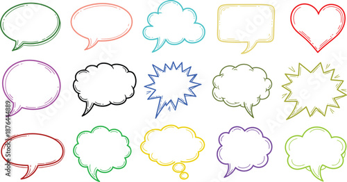 Colorful hand drawn speech bubble doodle set with comic chat clouds, thought bubbles, hearts and sketch style outlines for creative design