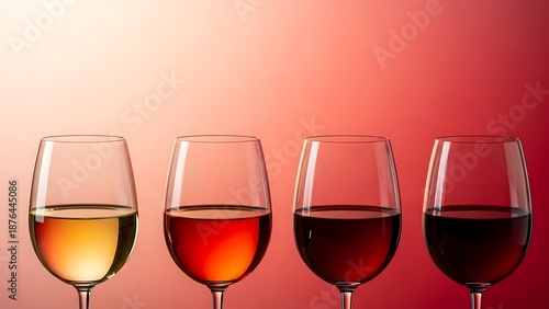 Four Wine Glasses with Gradient Wine Colors on Red Background