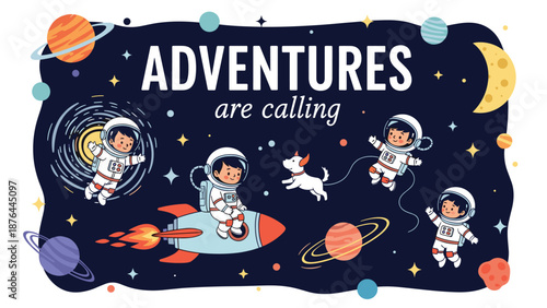 Imaginative space adventure illustration for kids with child astronauts rockets and colorful planets in the galaxy.