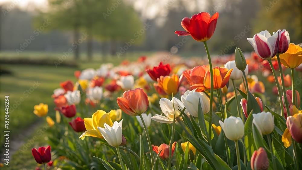 Fototapeta premium Vibrant Tulips Field in Full Bloom, Spring Flowers Garden, Soft Sunlight, Natural Beauty