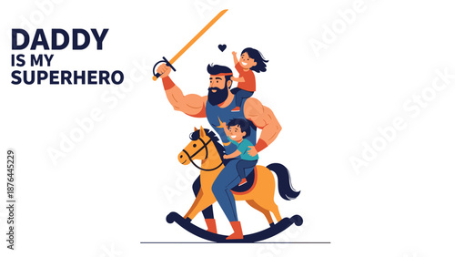 Dynamic illustration of a strong father playing with his children on a rocking horse for a superhero dad concept.