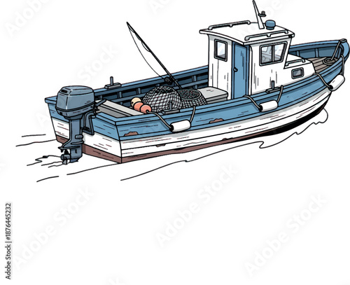 blue fishing boat with nets on white background.
