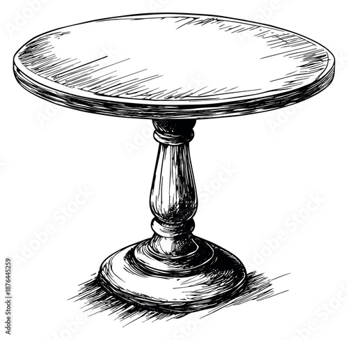 Hand drawn line art illustration of a round table depicting a vintage style for cafe decor