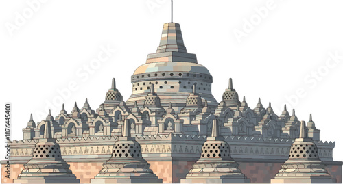 ancient Indian temple architecture Borobudur style gray stone.