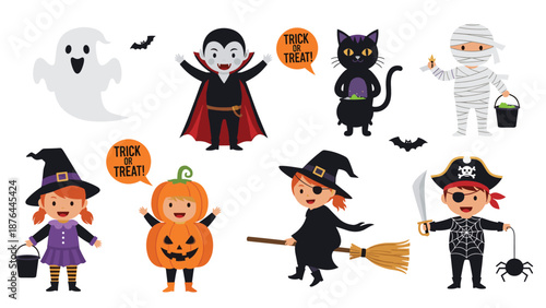 Detailed collection of diverse children in classic halloween costumes like ghosts vampires and witches for festive design.