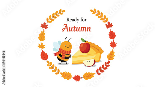 Cozy autumn illustration with a cute bee in a scarf sitting next to a slice of apple pie and colorful falling leaves.