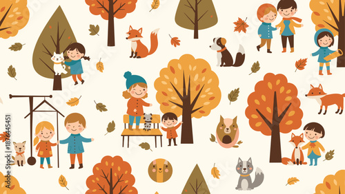 Vibrant seamless pattern showing people and pets having fun together in a park during a windy and colorful autumn day.