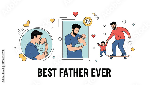 Loving collection of scenes showing a dedicated father spending quality time playing and caring for his baby and young son.