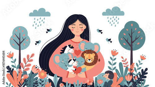 Gentle illustration of a young woman hugging a group of baby animals including a lion elephant and unicorn in nature.