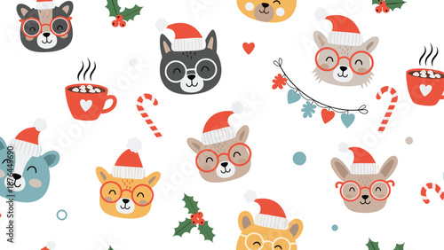 Fun seamless christmas pattern with cute animal faces wearing glasses and santa hats among red coffee mugs and holly.