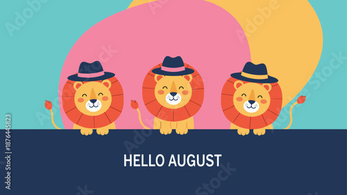 Three adorable cartoon lions wearing stylish hats peeking over a dark blue border with a vibrant sunset background for August theme.