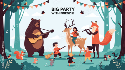 Musical forest party featuring a bear playing guitar, a fox with a flute, and children playing instruments among the trees and birds.