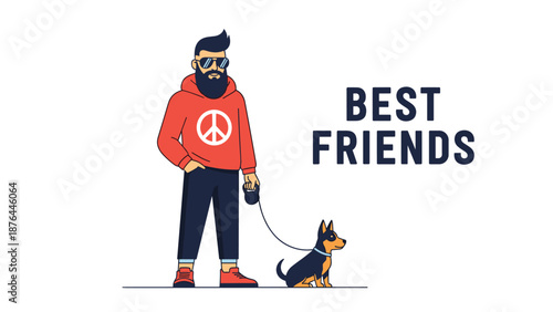 Modern hipster man with a beard and sunglasses walking his small pet dog on a leash against a clean white background with bold text.