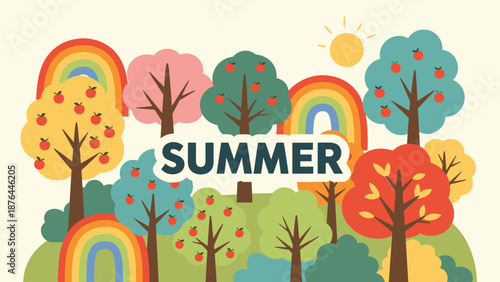 Bright summer landscape filled with colorful fruit trees, green bushes, and vibrant rainbows under a shining sun on a warm day.