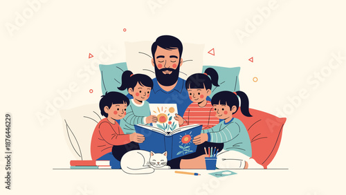 Devoted father sitting in bed and reading a colorful storybook to his four attentive young children while a white cat sleeps nearby.
