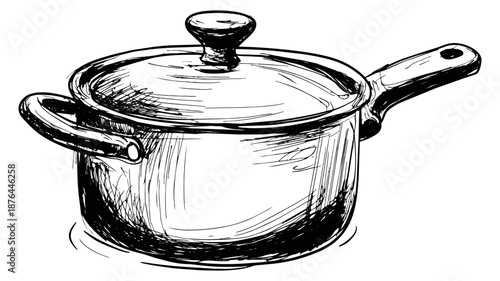 Hand drawn line art illustration of a saucepan depicting kitchenware for cooking