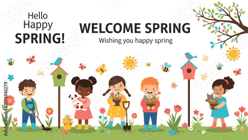 Group of diverse children engaged in spring gardening activities like planting flowers and digging soil in a vibrant flowery field.