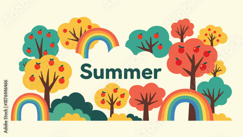 Vibrant summer landscape illustration with multiple fruit trees, bushes, and colorful rainbows under a warm cream colored sky.
