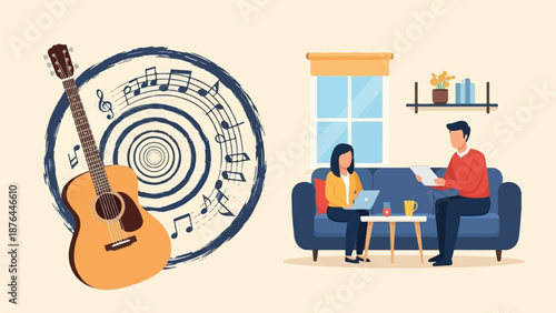 Acoustic guitar and musical notes with people working on laptops on a sofa