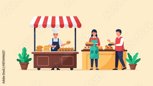 Bakers selling fresh bread at an outdoor stall