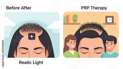 Before and after hair treatment comparison showing hair restoration progress and happy people