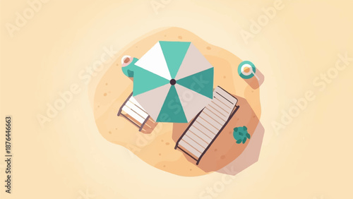 Beach umbrella with lounge chairs, casting shadows on the sand, with small green plants