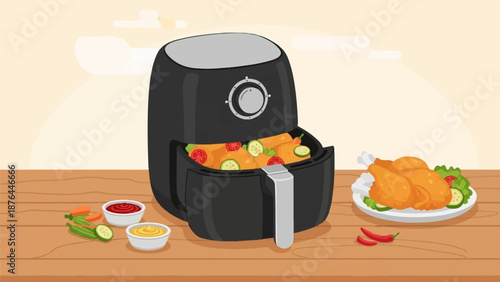 Black air fryer with cooked chicken and vegetables, served with dips
