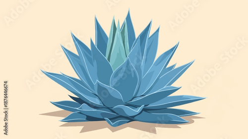 Blue agave plant with sharp leaves and light shadow on a soft yellow background