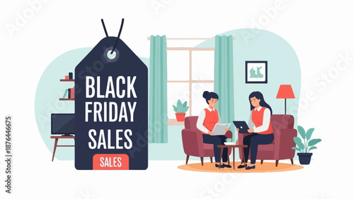 Black Friday sales announcement with two women discussing deals on laptops in a living room setting