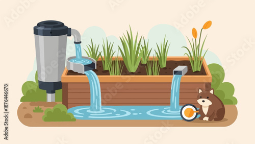 Adorable creature observes a water conservation system with plants