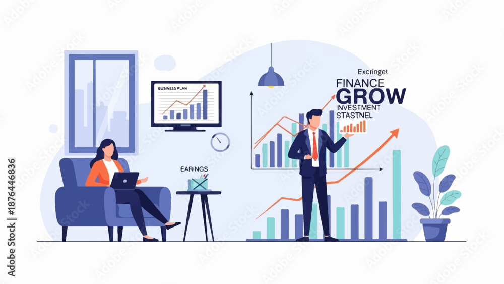 Fototapeta premium A woman works on a laptop while a man presents financial growth charts in an office