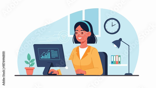 A woman works at a computer in an office, with a plant, lamp, and clock visible