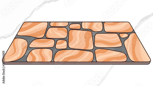 An artistic mosaic of irregular orange-tan stone shapes set in dark grout