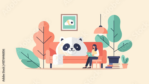 A woman works on a laptop next to a large panda stuffed animal on a sofa