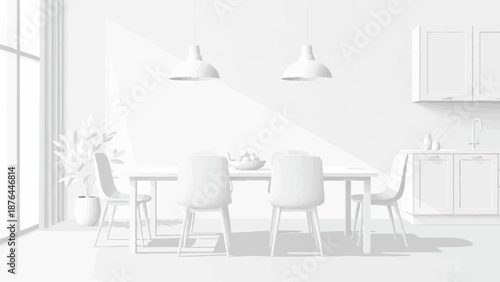 Bright, minimalist dining area with a table, chairs, plant, and kitchen cabinets