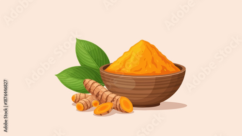 Bright orange powder piled in a wooden bowl next to fresh turmeric roots and green leaves