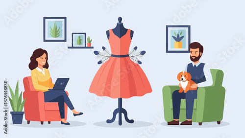 A woman works on her laptop as a man holds a dog, with a dress on a mannequin in between