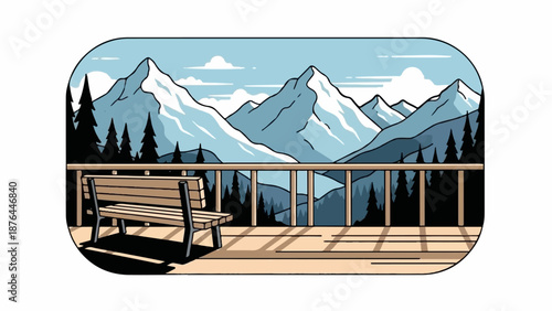 A wooden bench sits on a deck overlooking snow-capped mountains and pine trees under a cloudy sky