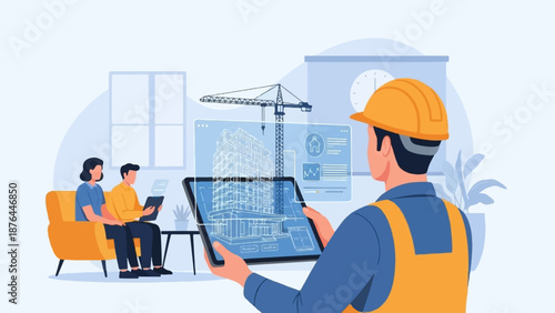 An engineer reviews building blueprints on a tablet, with colleagues observing