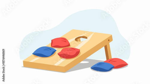 A wooden board with holes, and several red and blue beanbags scattered around it