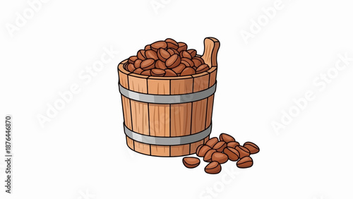 A wooden bucket overflows with roasted beans, with a scattering on the side