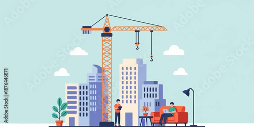 Building construction with workers and interior scene