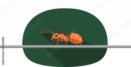 An orange ant with antennae walks on a grey surface with a dark green circle behind it