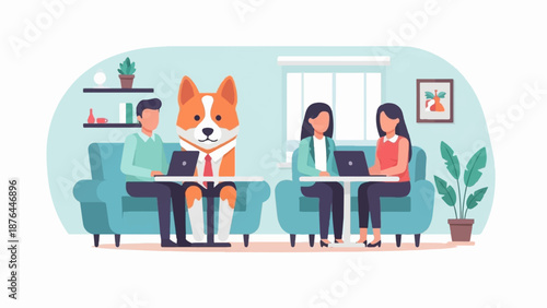 Business meeting with a dog in a tie, people working on laptops in a cafe