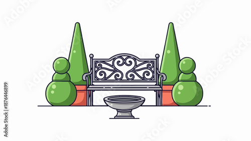 An ornate metal bench sits between two sculpted green bushes and cone-shaped topiaries